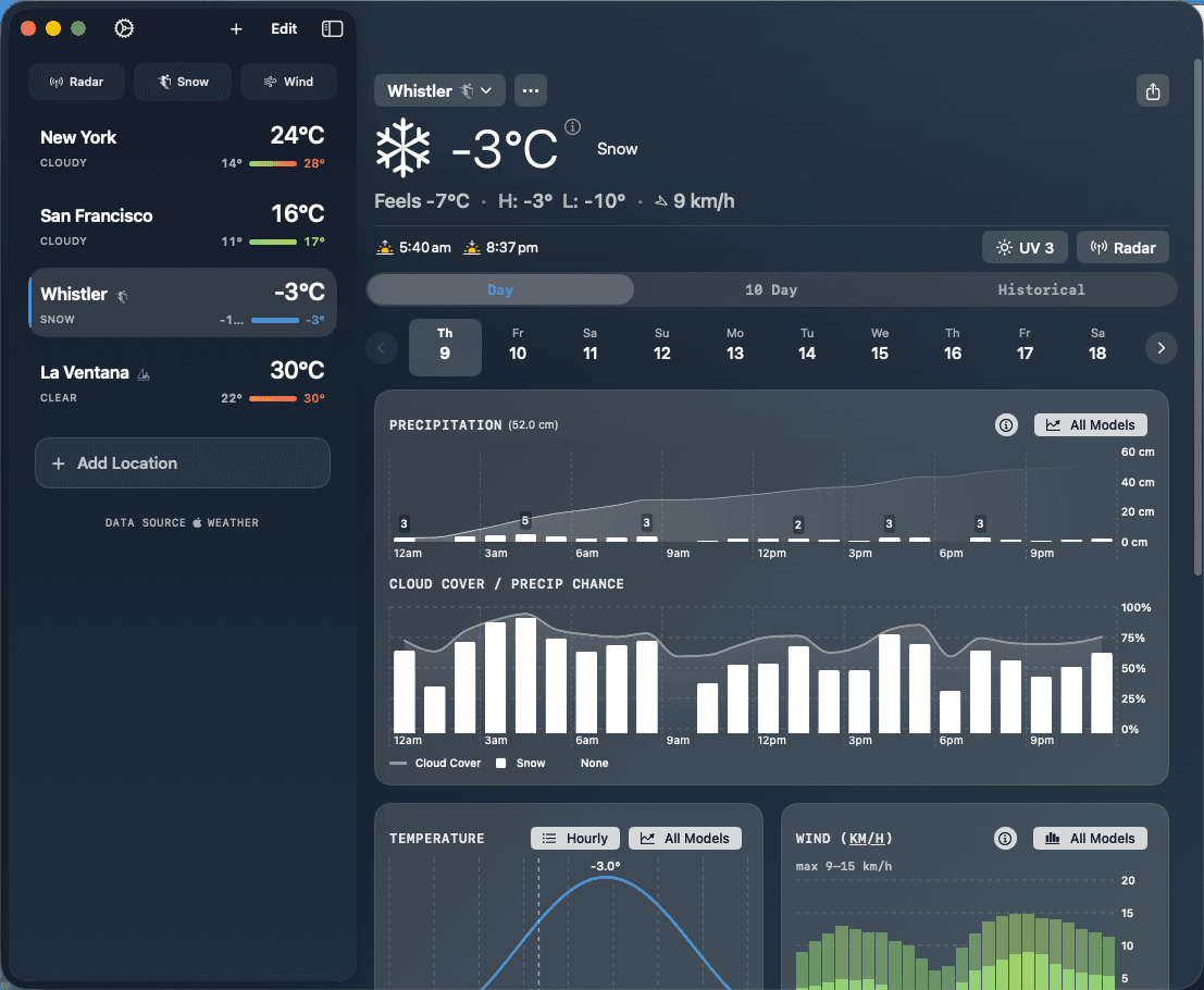 Weather Nerd mac screenshot: Serious forecasts for skiers, sailors, hikers & riders.